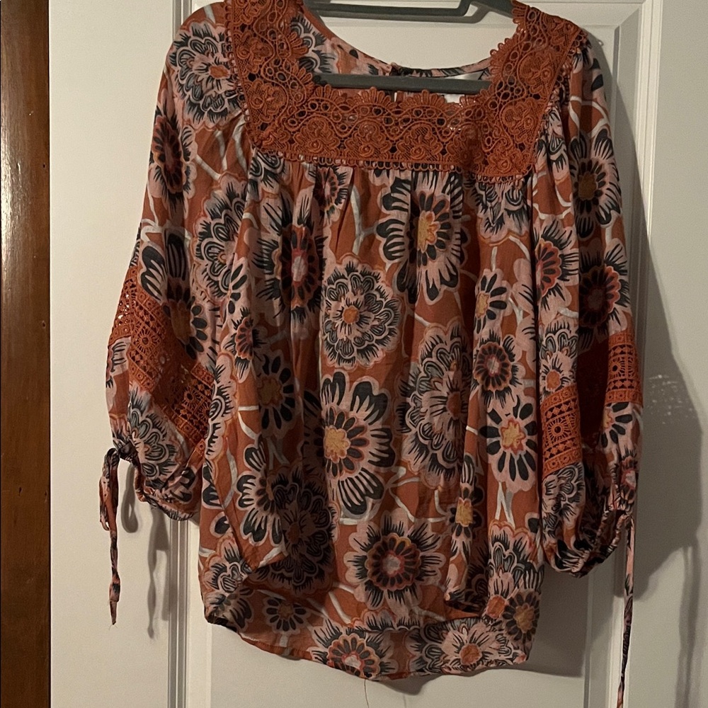 CJ Banks Floral Lace Blouse - Orange and Black